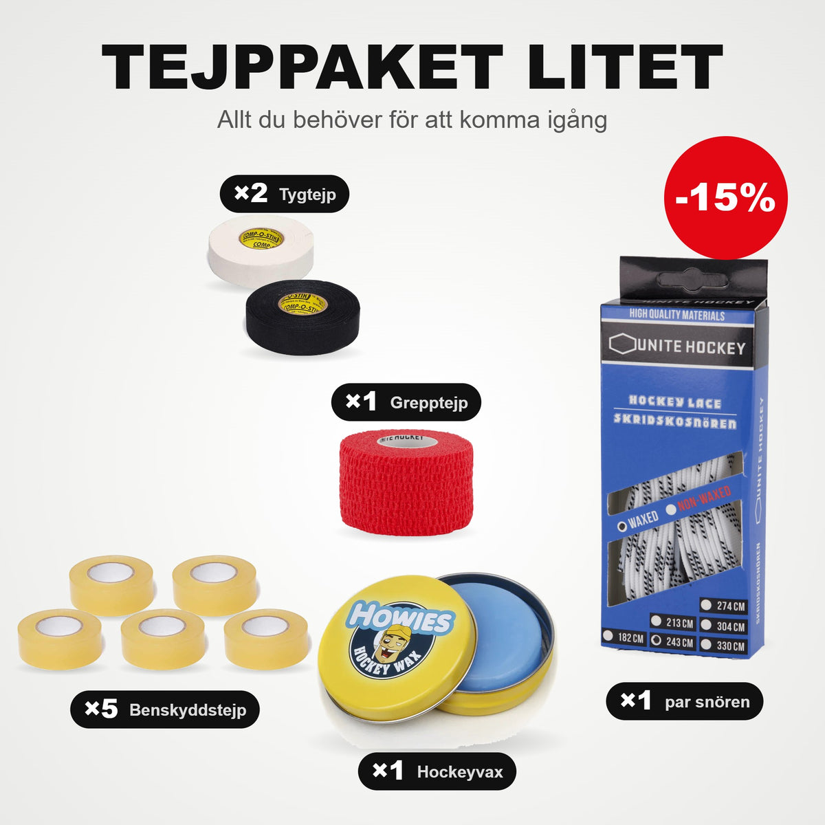 Balíček pásek malý: 5x Páska na chrániče, 2x textilní páska, 1x omotávka, 1 pár tkaniček do bruslí a hokejový vosk