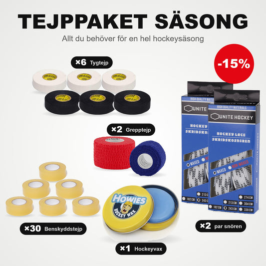 Balíček pásek na sezónu: 30x Páska na chrániče, 6x textilní páska, 2x omotávka, 2 páry tkaniček na brusle a hokejový vosk