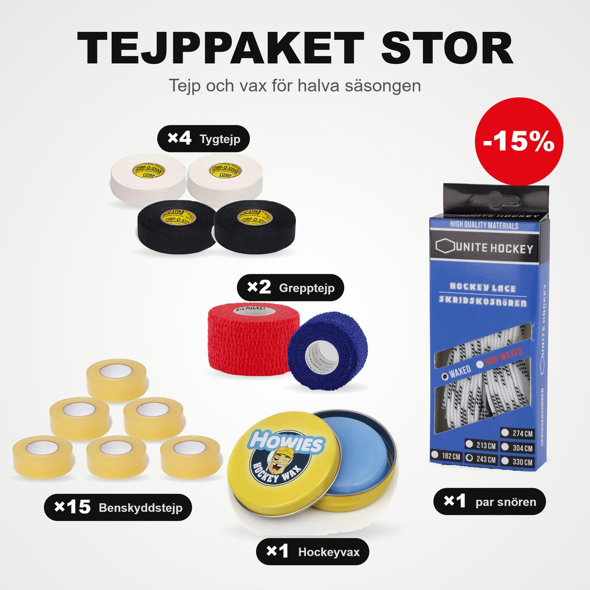 Balení pásek Velikost: 15x Páska na chrániče, 4x textilní páska, 2x omotávka, 1 pár tkaniček do bruslí a hokejový vosk